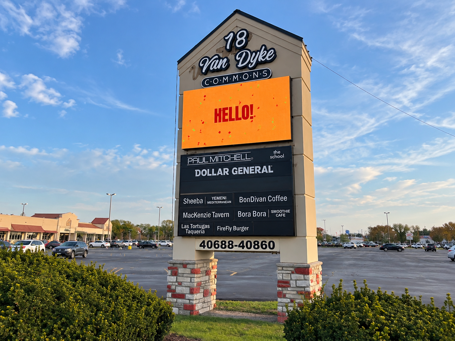 PixaClear LED outdoor pylon sign at Van Dyke Commons in Sterling Heights, Michigan