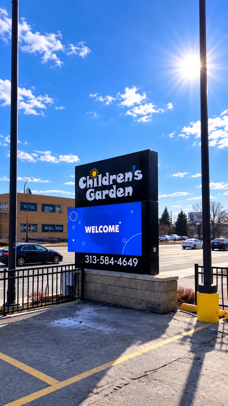 Children's Garden LED monument sign displaying a welcome message in Dearborn, Michigan