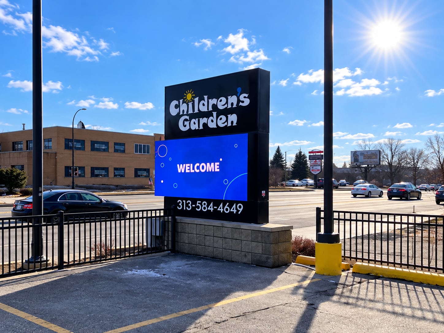 Children's Garden LED monument sign displaying a welcome message
