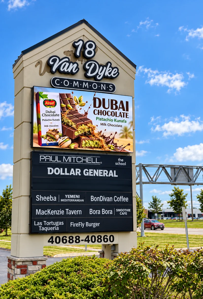 Roadside angle of the Van Dyke Commons LED sign displaying an advertisement in Sterling Heights, Michigan