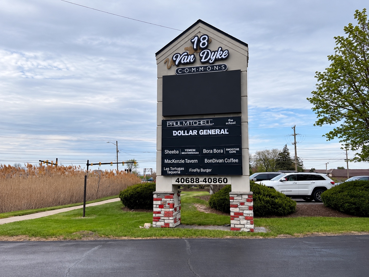 Van Dyke Commons monument sign before LED screen activation