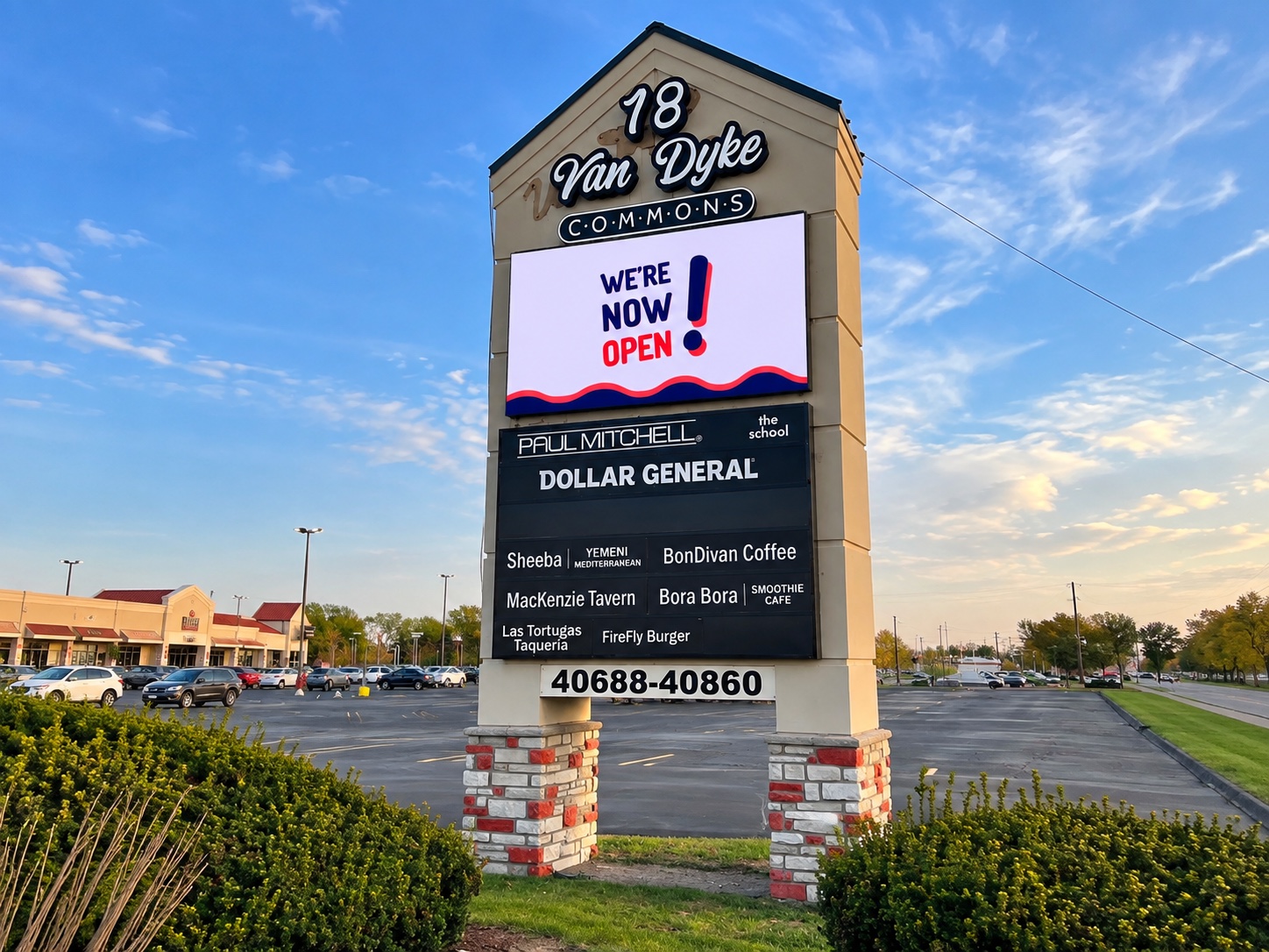 Completed PixaClear LED monument sign at Van Dyke Commons in Sterling Heights, Michigan