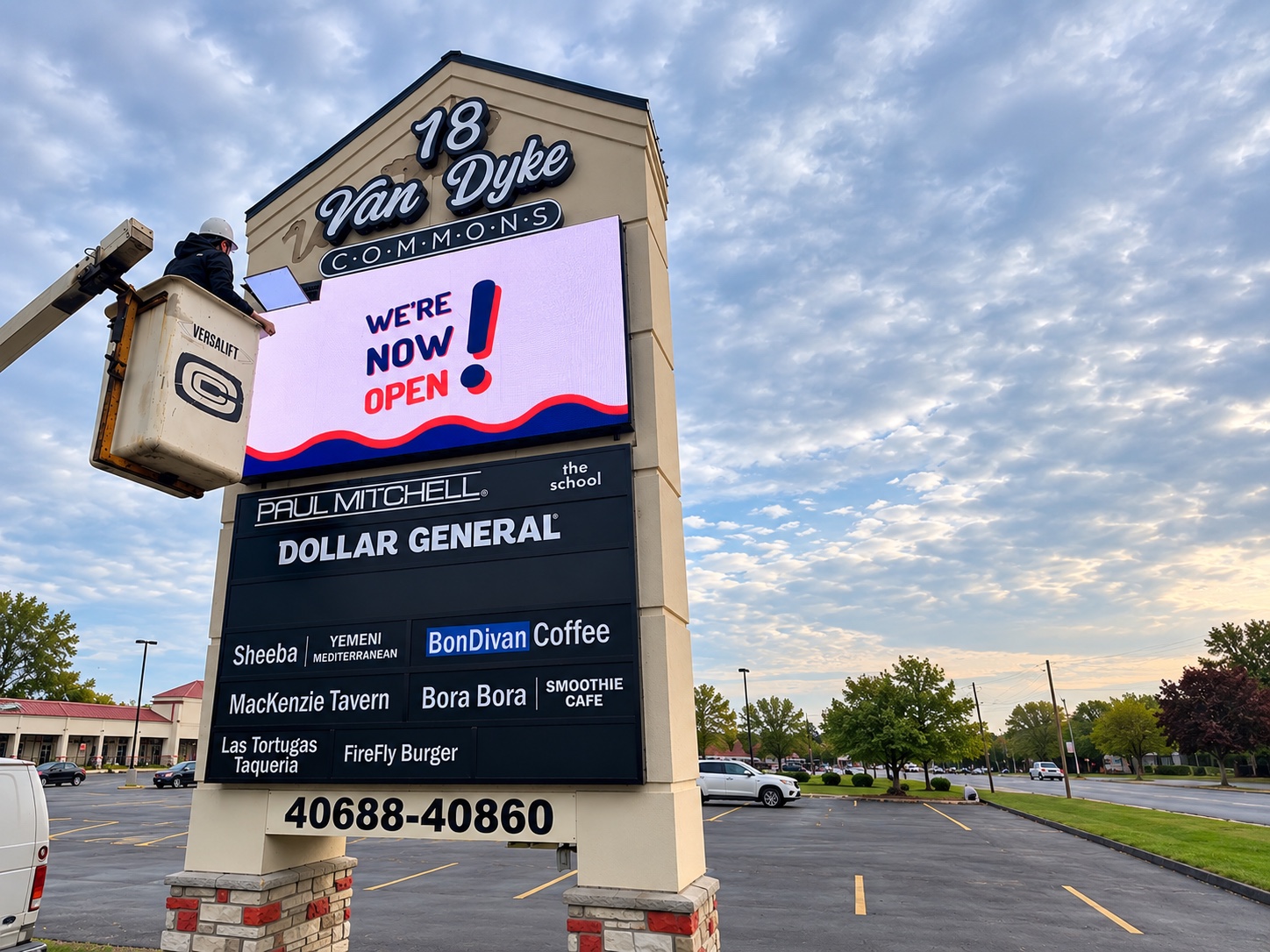 Technician servicing the Van Dyke Commons LED monument sign