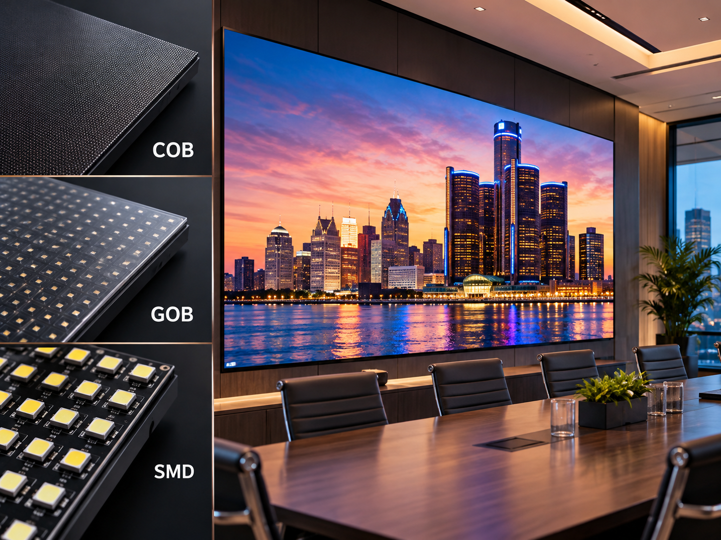 COB, GOB, and SMD LED technology comparison beside a premium indoor LED video wall