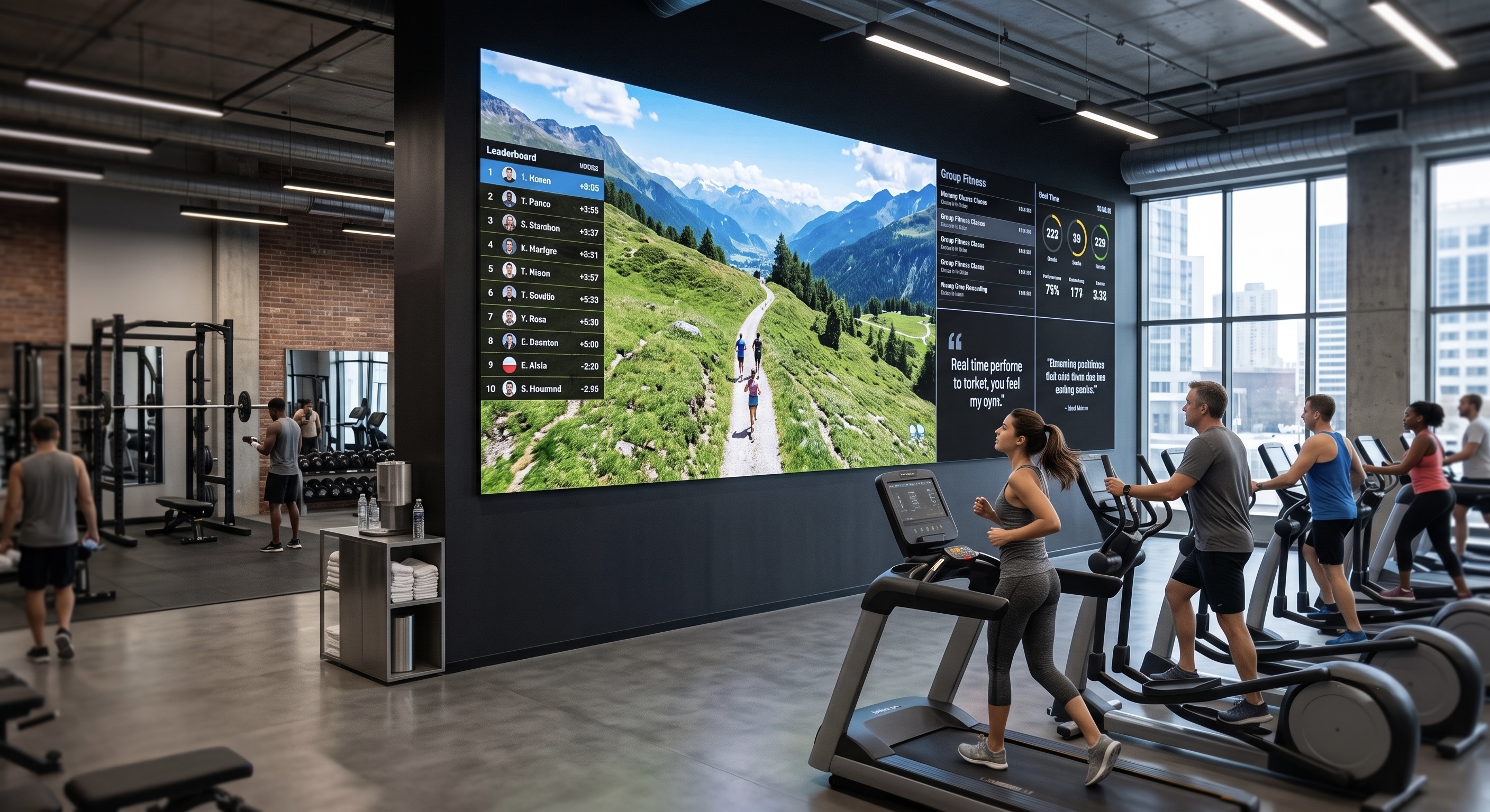 Large-format indoor LED video wall showcasing multi-source split screen