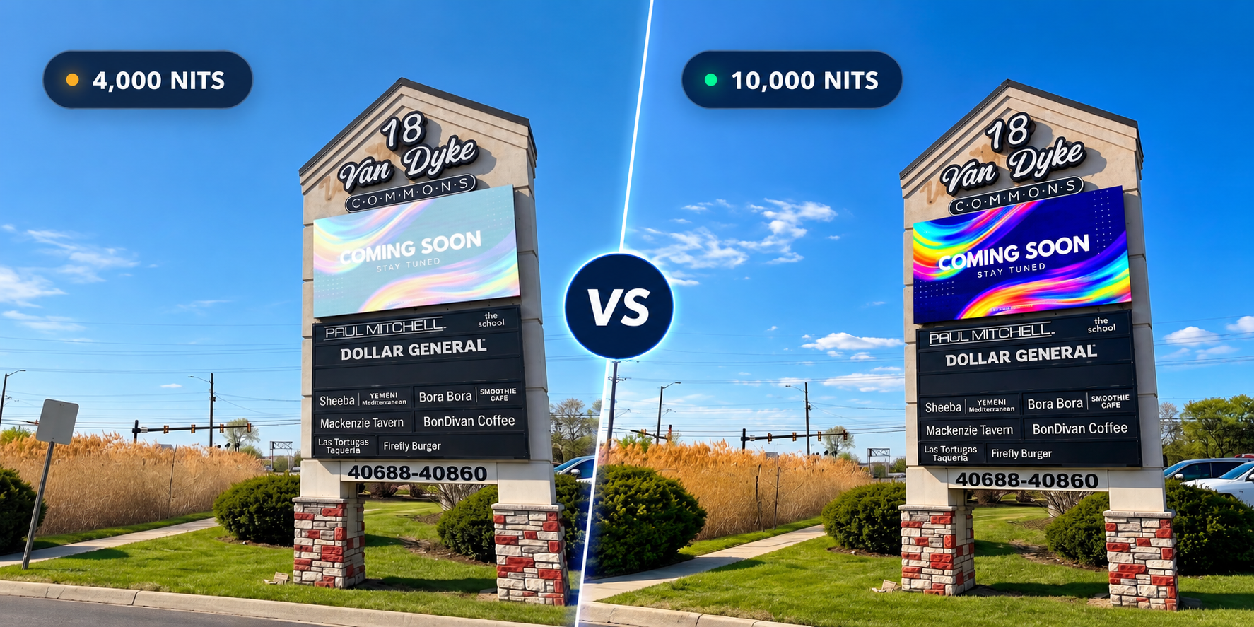 Illustrative LED sign brightness comparison labeled 4,000 nits and 10,000 nits