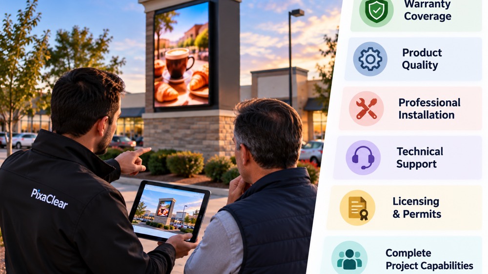 PixaClear LED team reviewing an outdoor LED display project, warranty, installation, and support