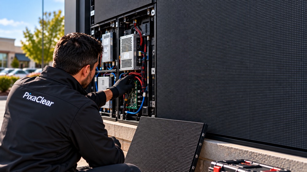 PixaClear LED technician maintaining an outdoor LED display