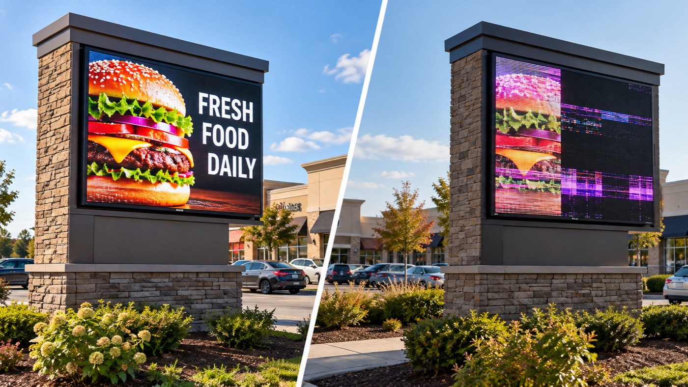 Working outdoor LED sign compared with a display showing image failures