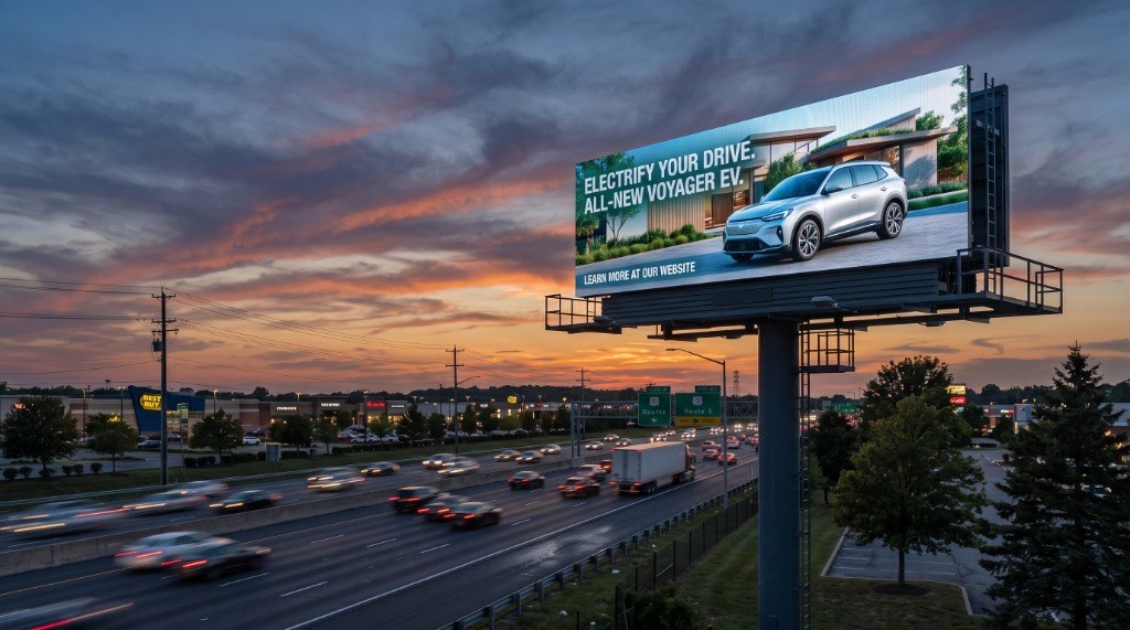 Commercial outdoor digital LED billboard highway monopole installation Michigan