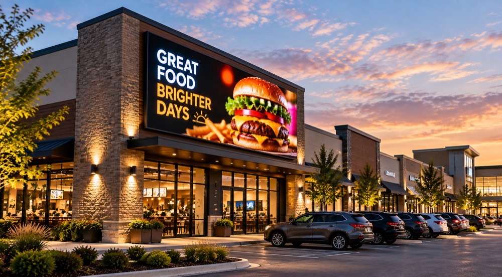 Outdoor LED display installed on a commercial storefront