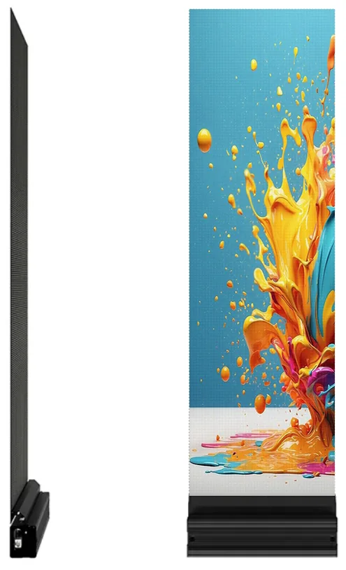 Front and side product views of the transparent LED Mesh Series display