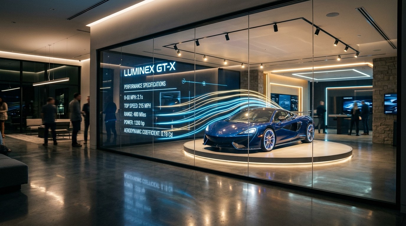 Transparent LED display across automotive showroom windows